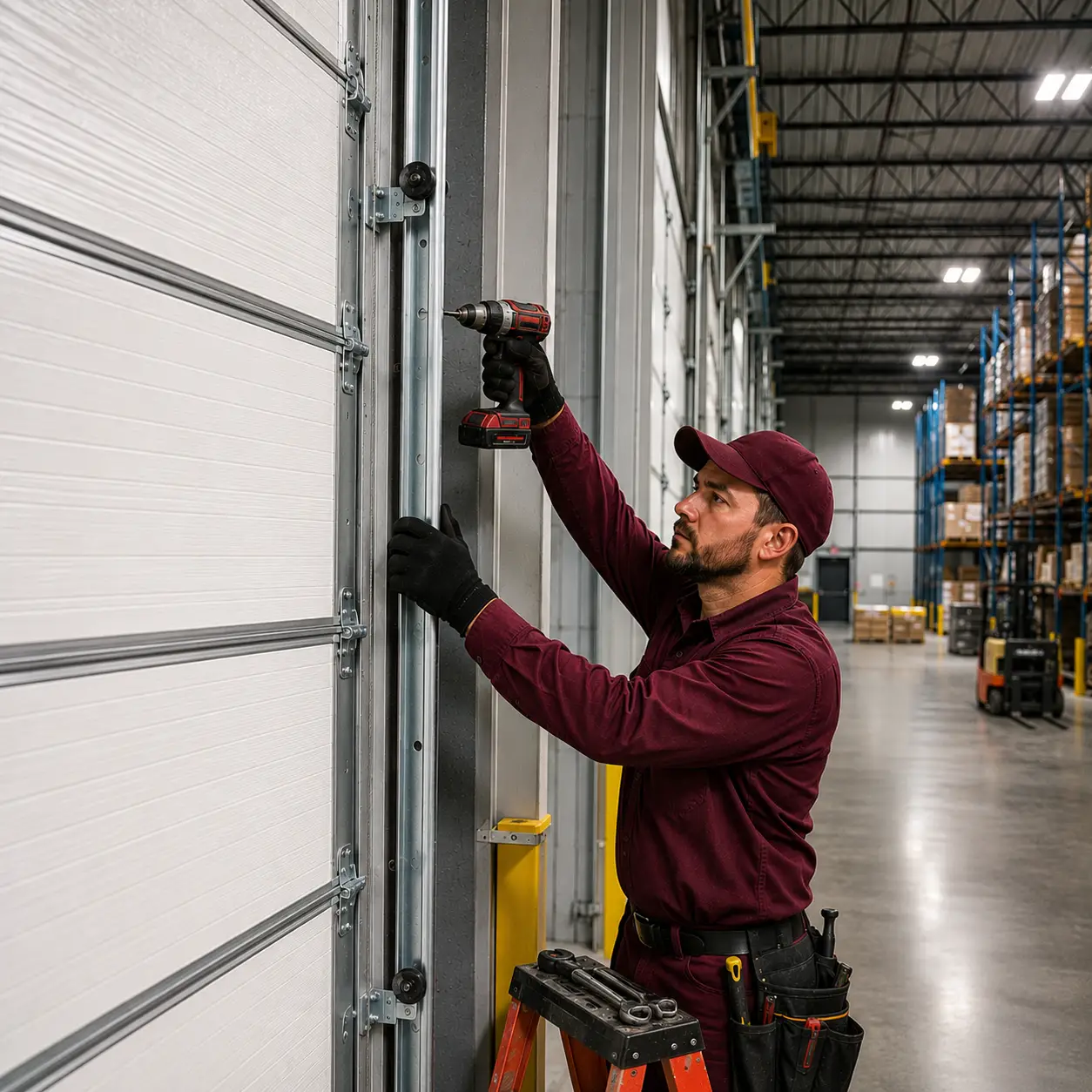Commercial garage door vertical lift track installation in Indianapolis IN