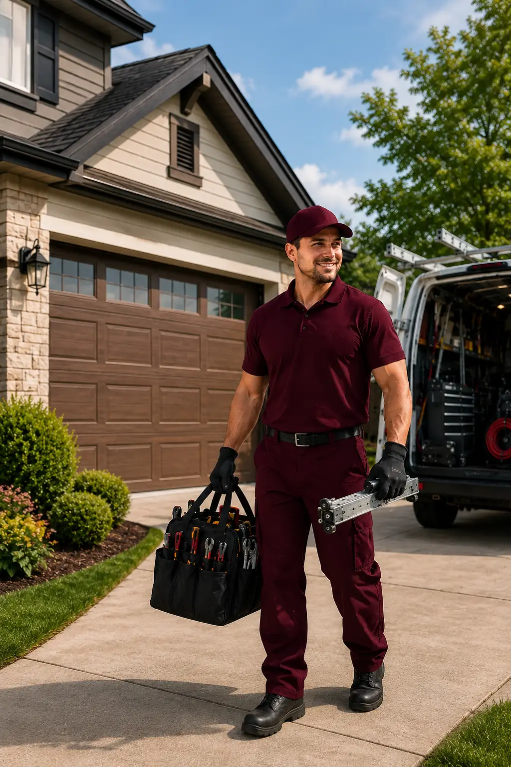 Garage door repair technician servicing a residential garage door in Indianapolis IN