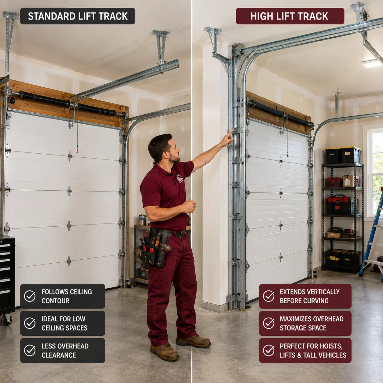Standard lift and high lift garage door track installation in Indianapolis IN